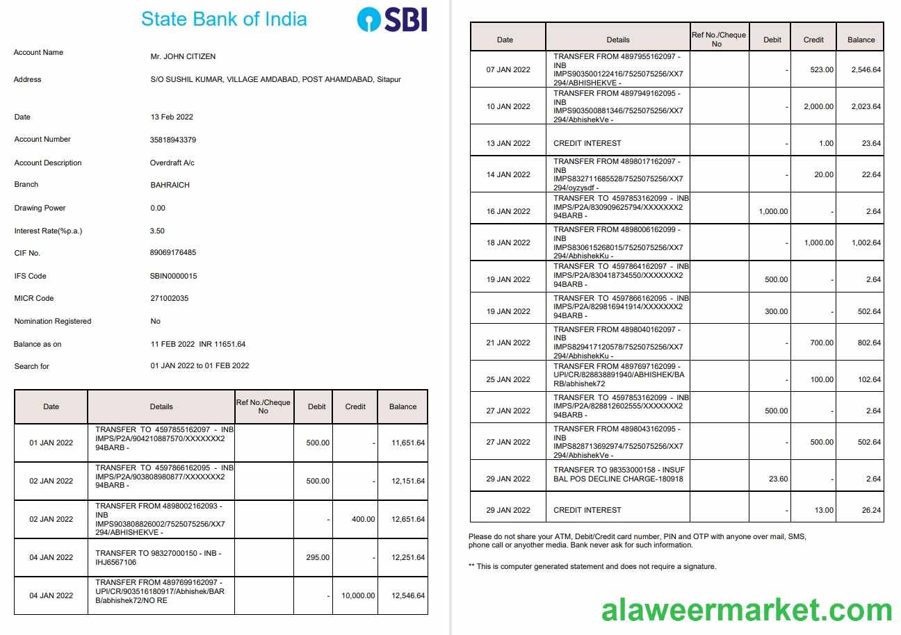 India State Bank of India (SBI) bank statement 2 pages